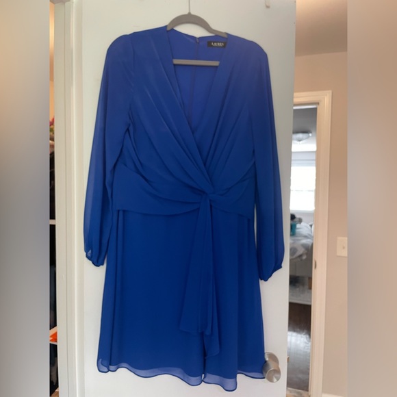Ralph Lauren Faux Wrap V Neck long Sleeve Chiffon Dress - Picture 1 of 2